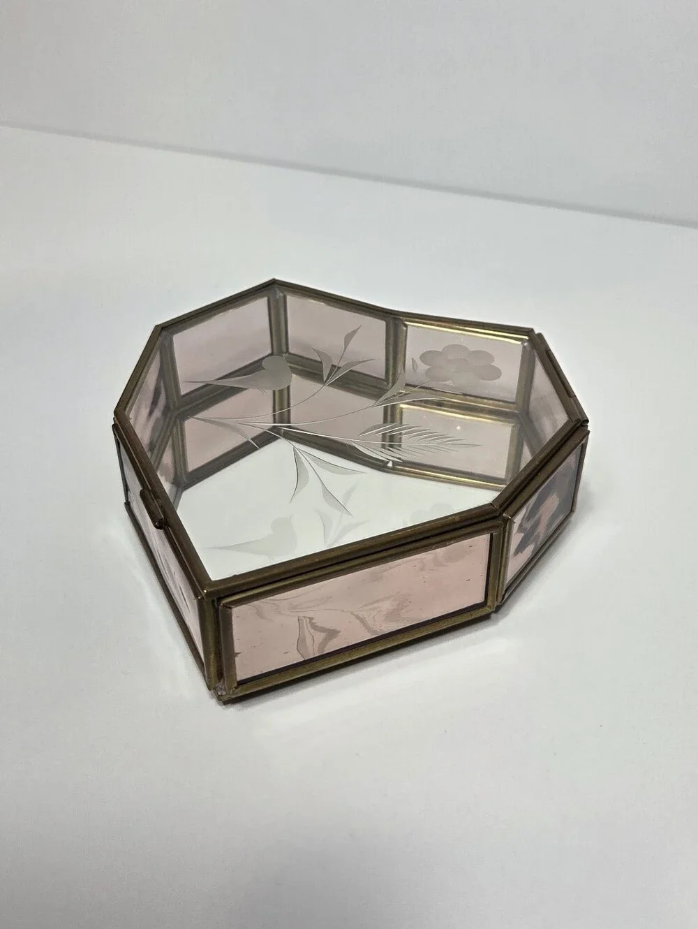 Glass Heart Jewelry Box with Etched Floral Design Y2K Coquette